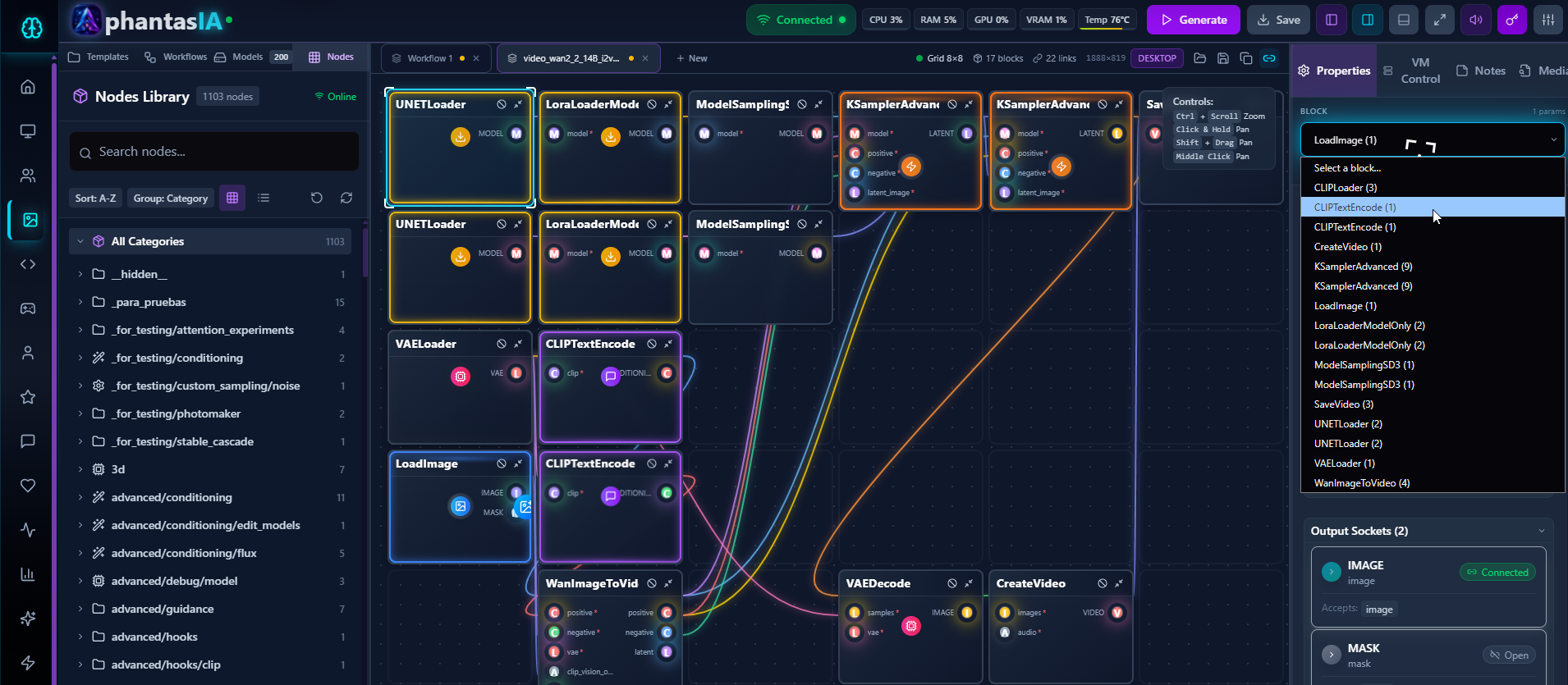 Aphantasia desktop studio with full workflow canvas, controls, and connected generation surface.