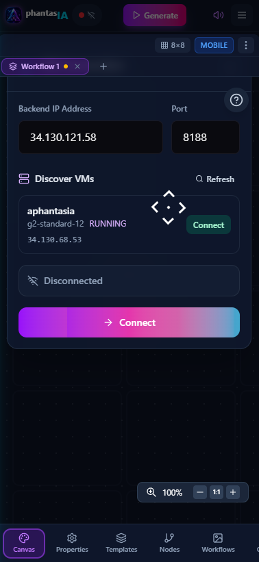 Aphantasia mobile VM connection modal with live backend routing controls.