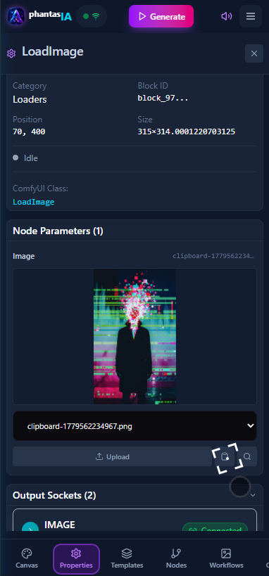 Aphantasia mobile properties view for an image loading node.