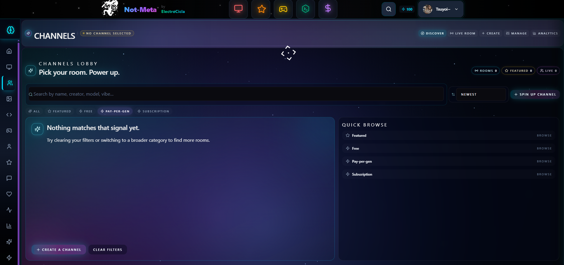 Channels preview card showing future creator infrastructure concepts in Not-Meta.