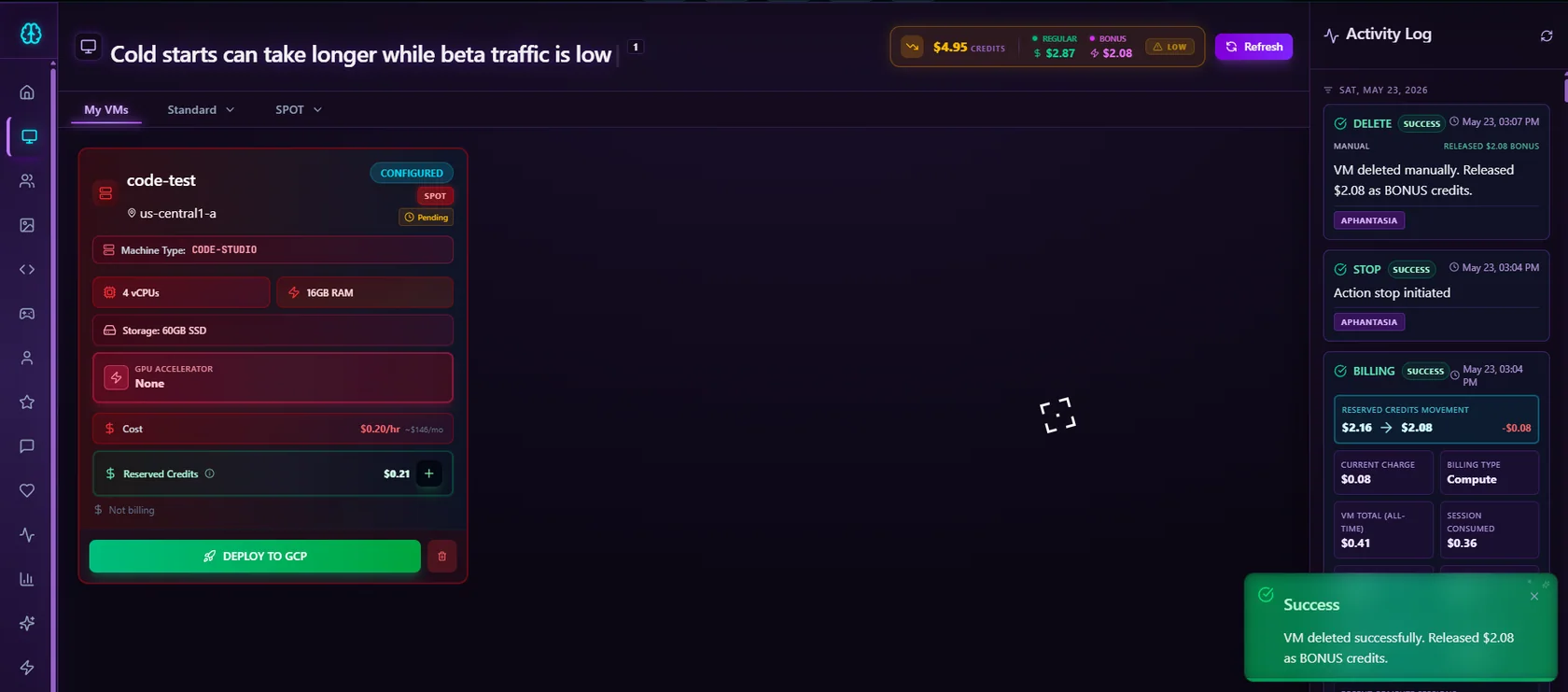 Not-Meta account activity view showing released prepaid credits after a GPU workspace is removed.