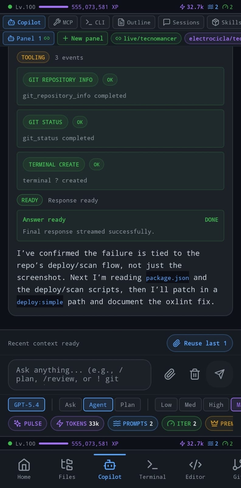 Not-Code Copilot streaming Git tool events on Android.