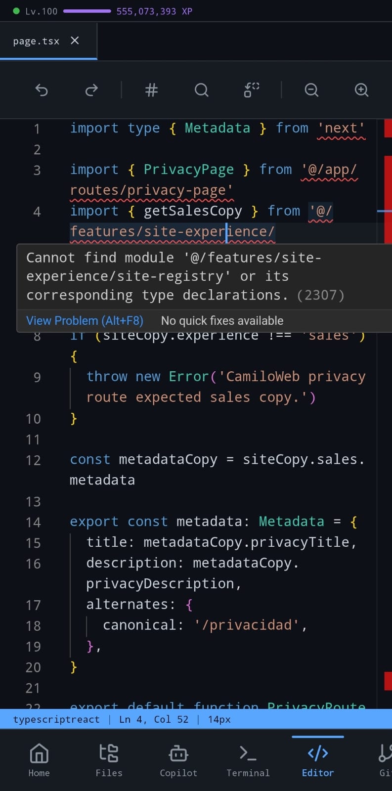 Not-Code editor with a TypeScript file open on Android.