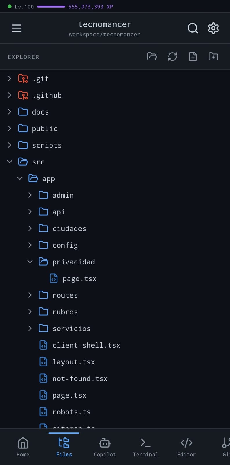 Not-Code files explorer showing the workspace tree on Android.