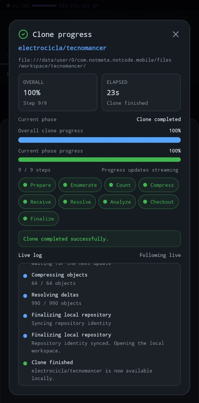 Not-Code clone progress completed on Android.