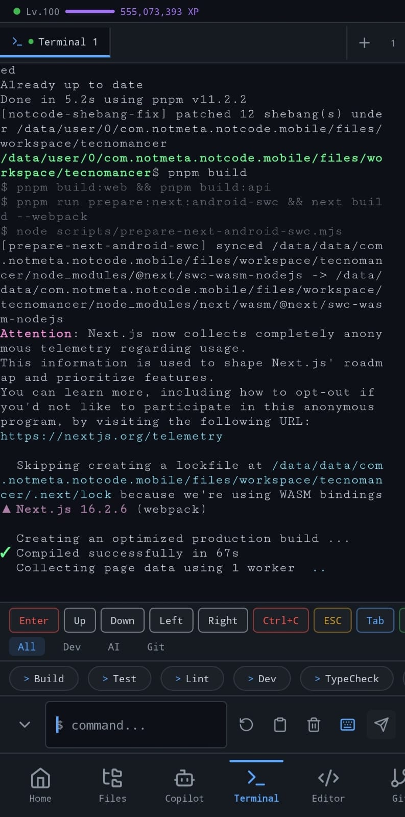 Not-Code terminal showing a successful build on Android.